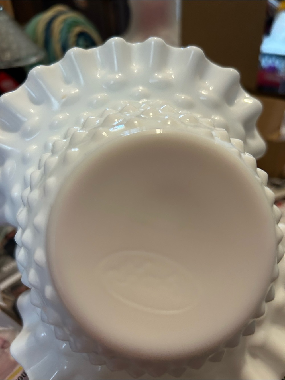 Classic Cream Decorative FENTON Basket milk glass Hobnail.